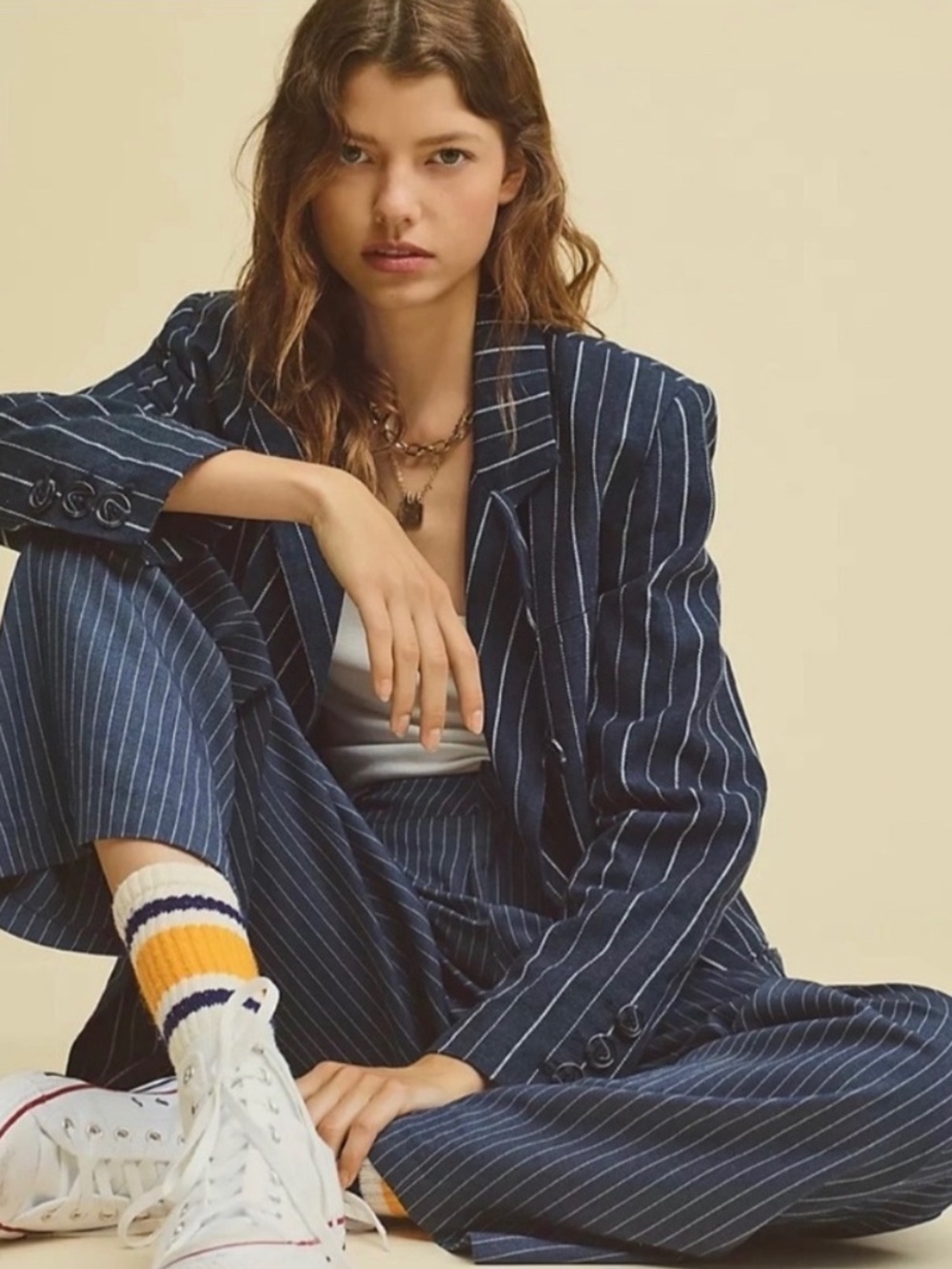 FREE PEOPLE Navy and White Pinstripe Ashby Blazer - Picture 2 of 10
